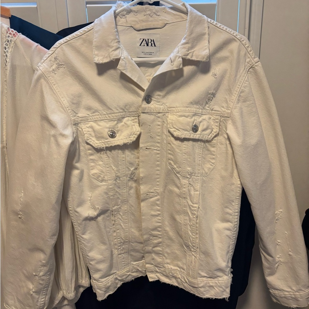 Zara Oversized Distressed White Denim Jacket